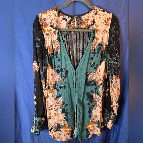 Free People Teal Floral Long Sleeve Blouse EUC - Picture 8 of 9